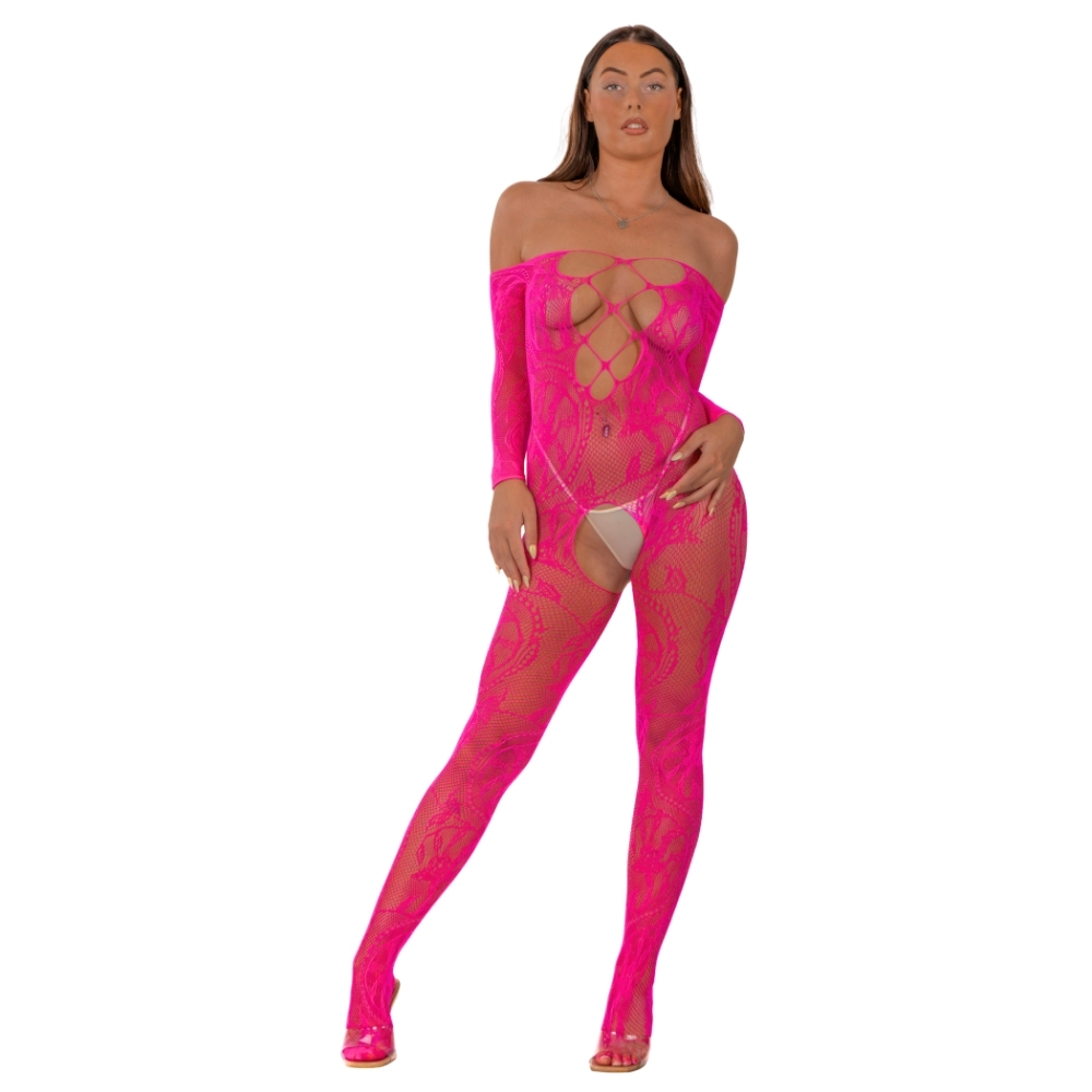 Lace by LJ Lace Up Front Crotchless Bodystocking Fuchsia - Wicked Sex Toys