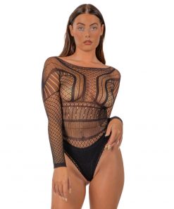 Lace by LJ Seamless Lace Long Sleeved Bodysuit Black