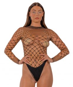 Lace by LJ Fence Net Long Sleeved Thong Bodysuit Black