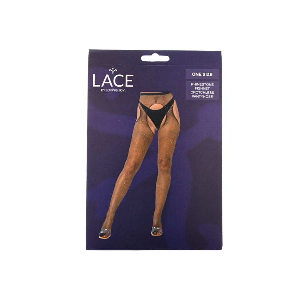 Lace by LJ Rhinestone Fishnet Crotchless Pantyhose Black