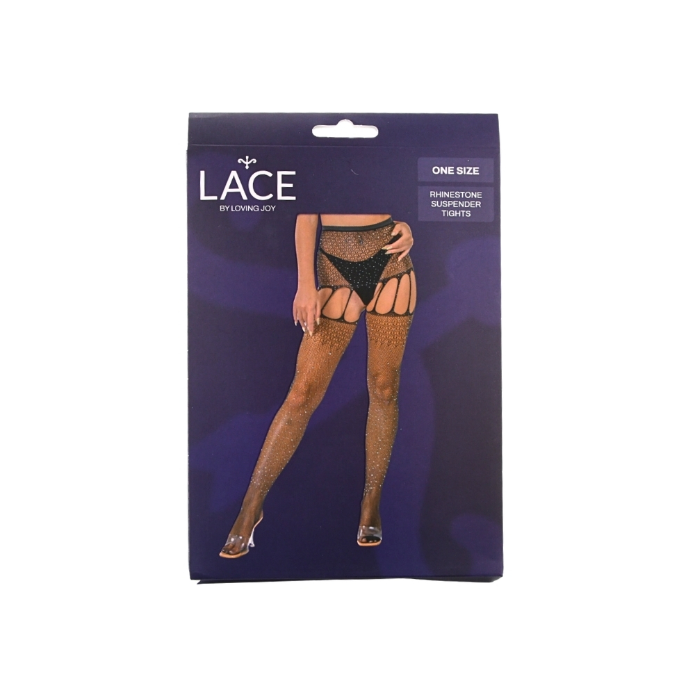 Lace by LJ Rhinestone Suspender Tights Black