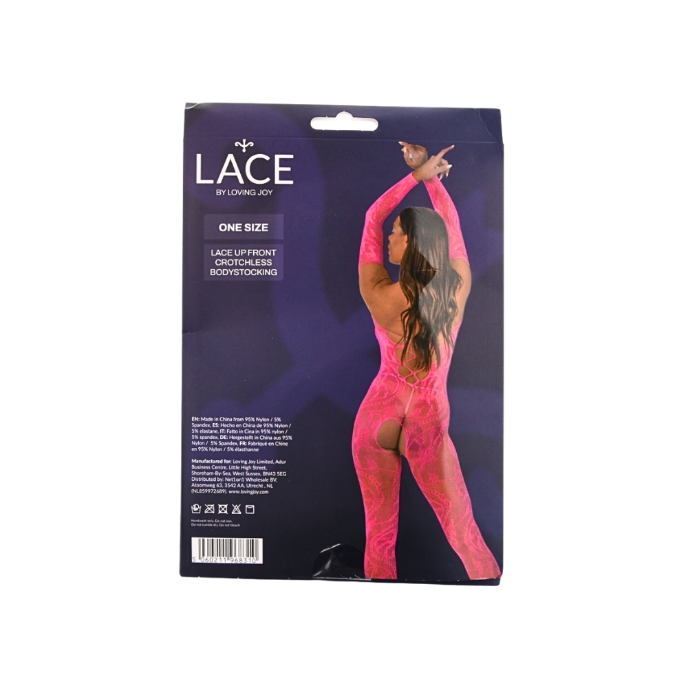 Lace by LJ Lace Up Front Crotchless Bodystocking Fuchsia - Wicked Sex Toys