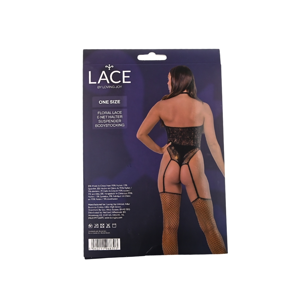 Lace by LJ Floral Lace & Net Halter Suspender Bodystocking Black