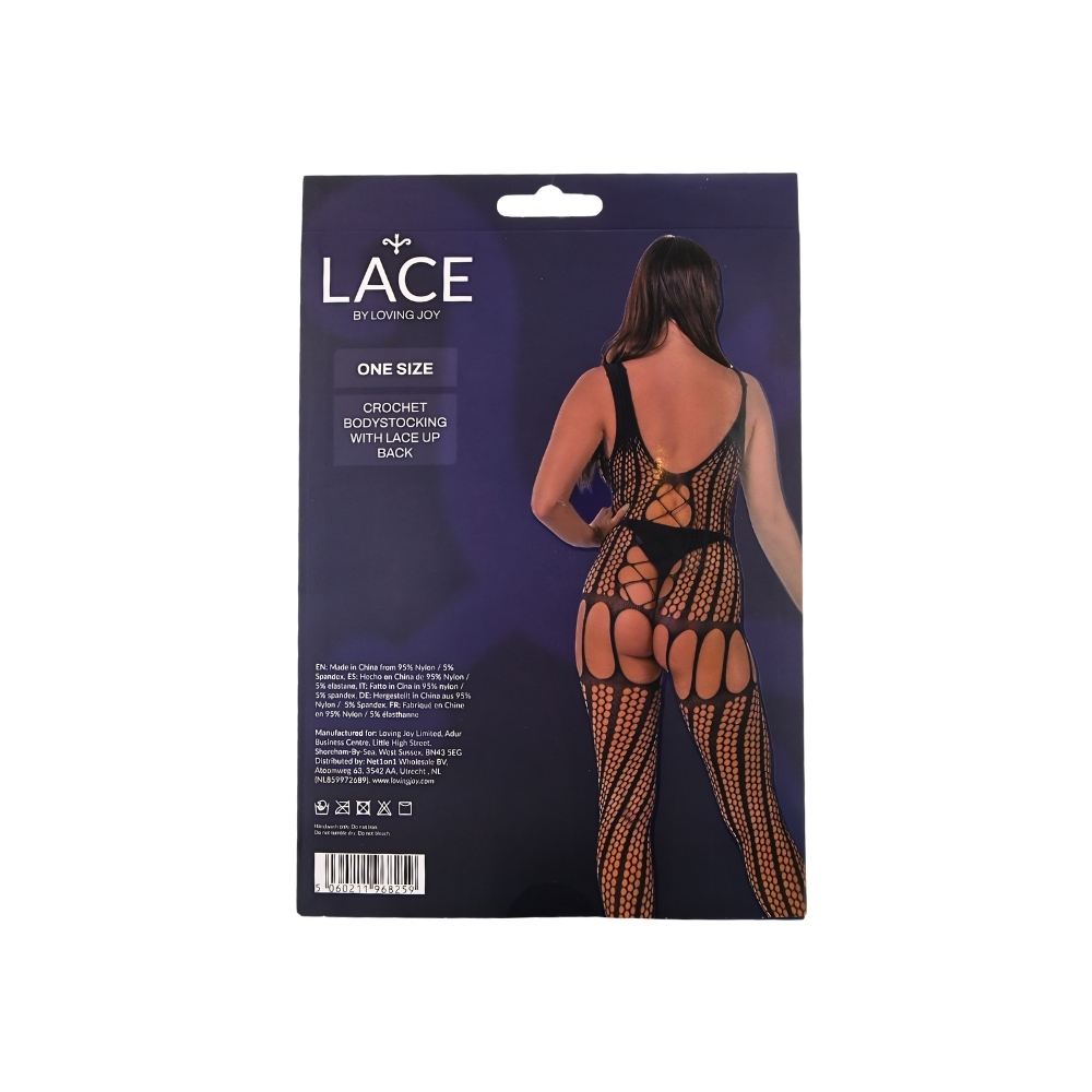 Lace by LJ Crochet Bodystocking with Lace Up Back Black