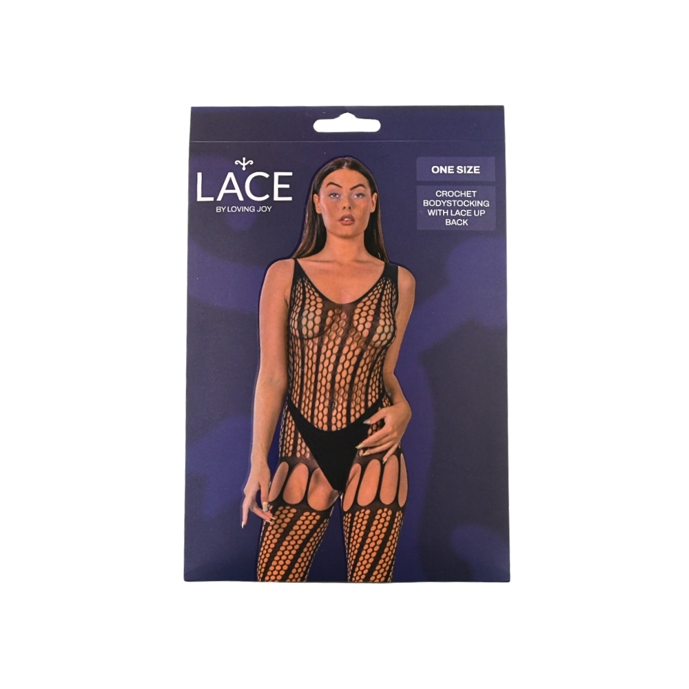 Lace by LJ Crochet Bodystocking with Lace Up Back Black